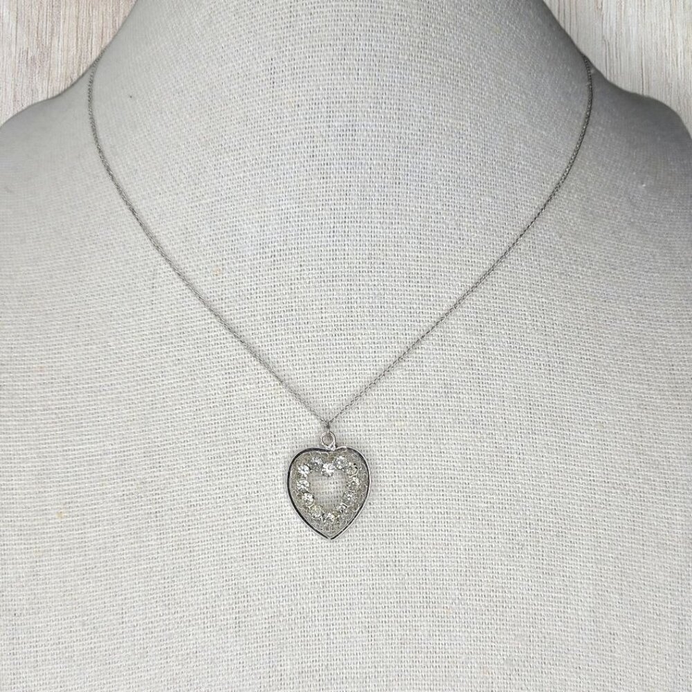 Vintage Sterling Silver Heart Pendant Necklace With Clear Rhinestones Signed 14"